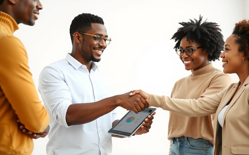 People shaking hands over a digital tablet, symbolizing partnership