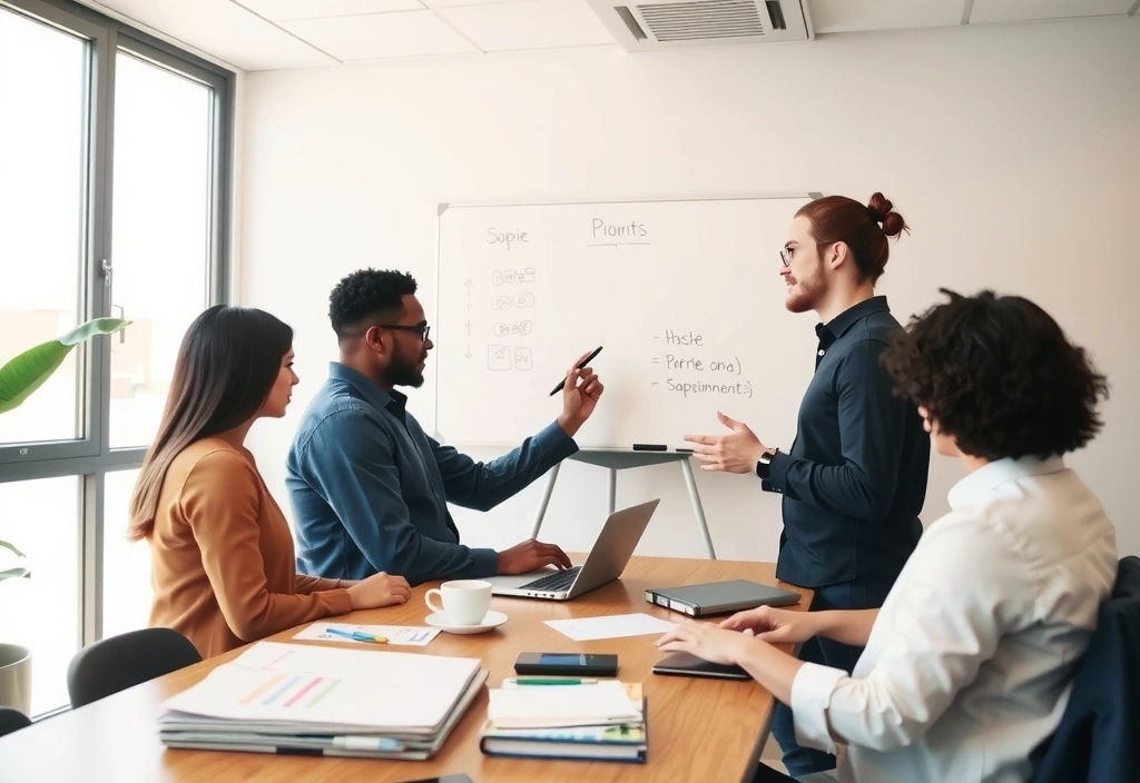 Team collaborating on a project with a whiteboard