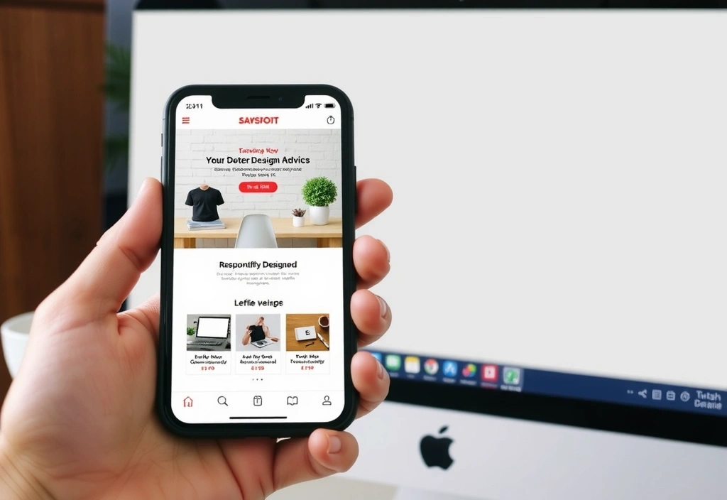 Close-up of a hand holding a smartphone, displaying a beautifully designed responsive website, with a blurred background of a desktop computer
