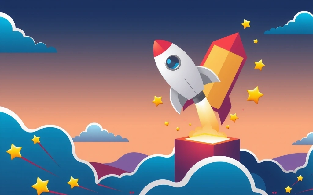 A rocket launching from a digital platform, symbolizing successful launch and growth