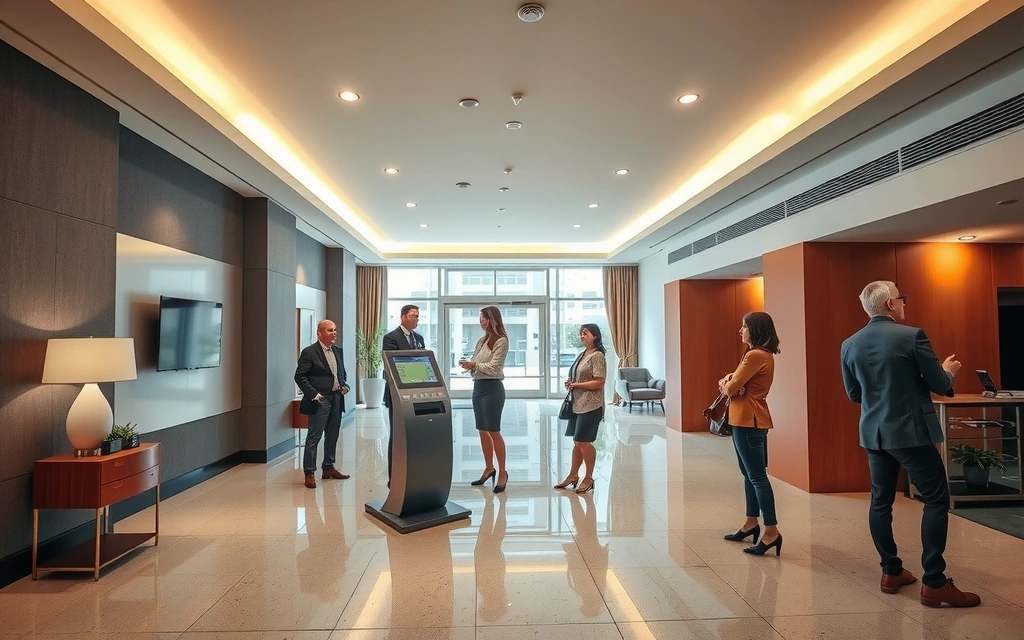 Modern hotel lobby with a digital check-in kiosk and happy guests