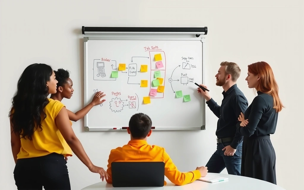 People collaborating on a whiteboard, brainstorming ideas for an educational platform