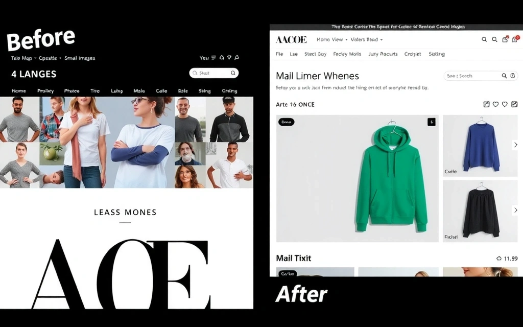 Screenshot of an old, cluttered e-commerce website vs. a new, minimalist design