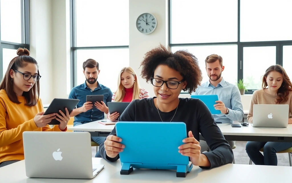 Students interacting with a tablet and laptop in a modern, bright classroom setting
