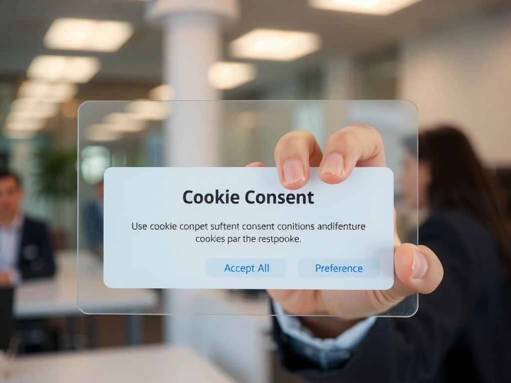 A person's hand interacting with a digital interface, featuring a cookie consent pop-up with 'Accept' and 'Decline' options.