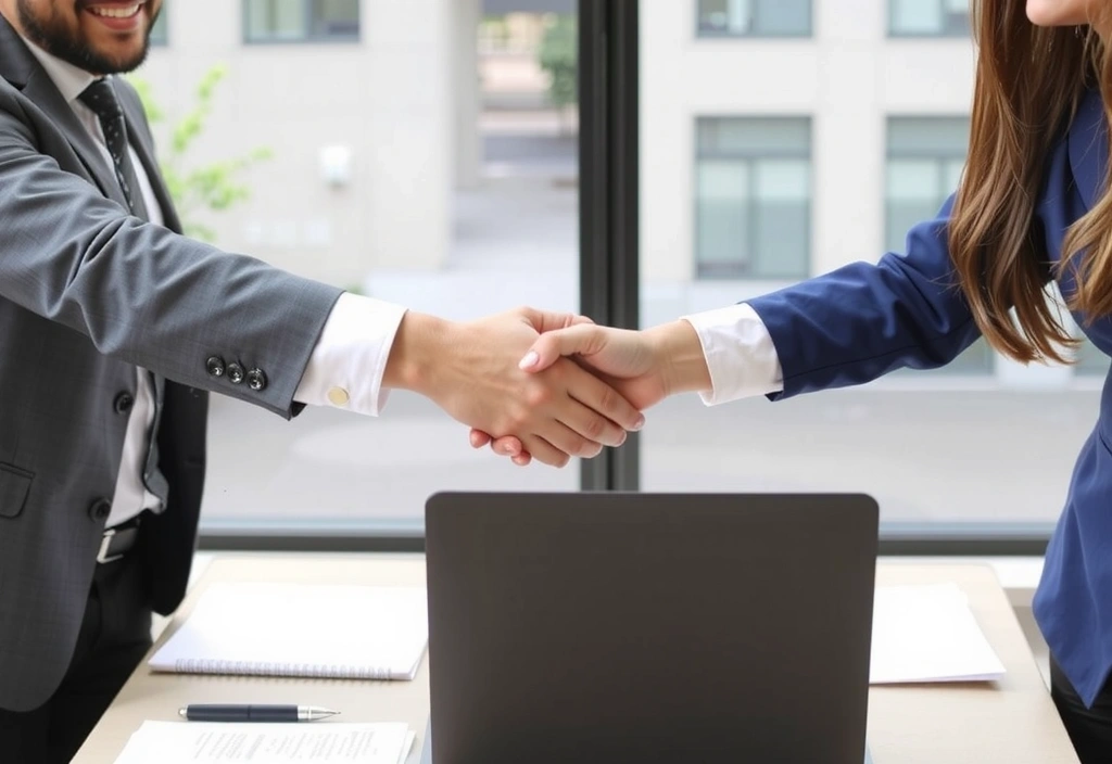 Hands shaking over a contract