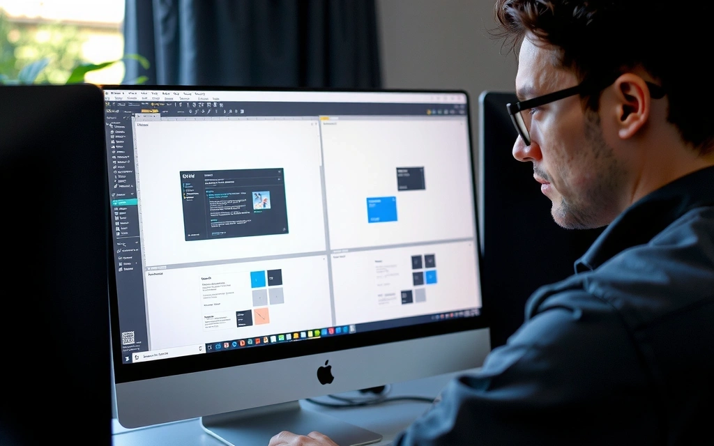Designer working on a digital wireframe and UI elements on a computer screen, showcasing creative process.