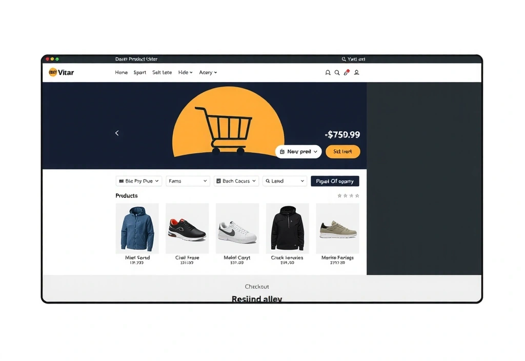 E-commerce store interface with product listings, shopping cart icon, and secure checkout flow