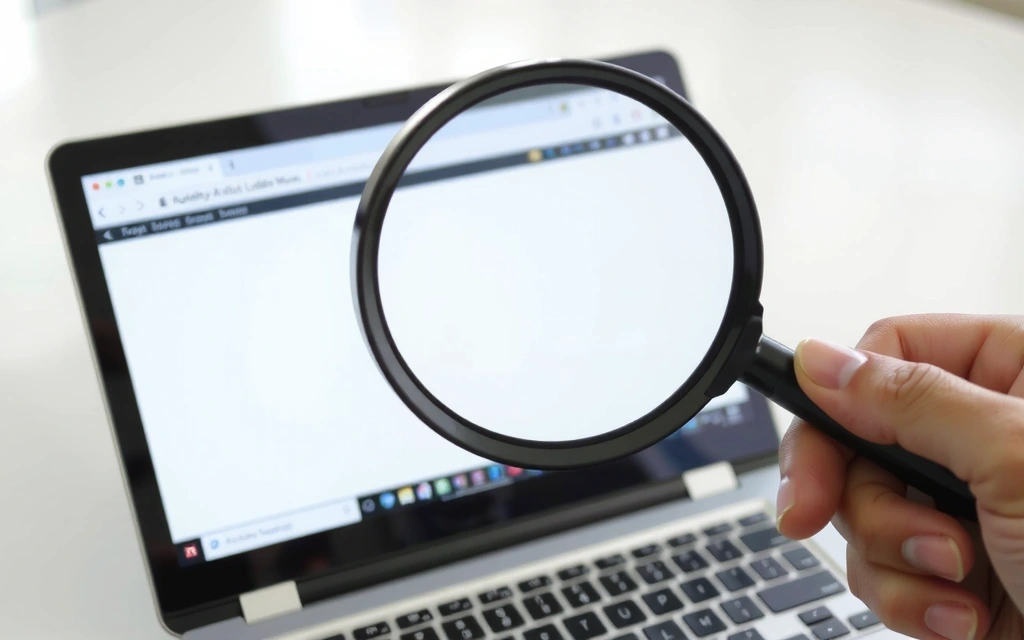 Magnifying glass inspecting a website on a tablet, symbolizing quality assurance and bug testing.