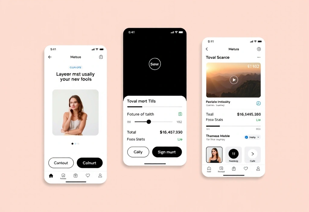 Mobile app UI/UX design with clean screens, interactive elements, and user journey flow