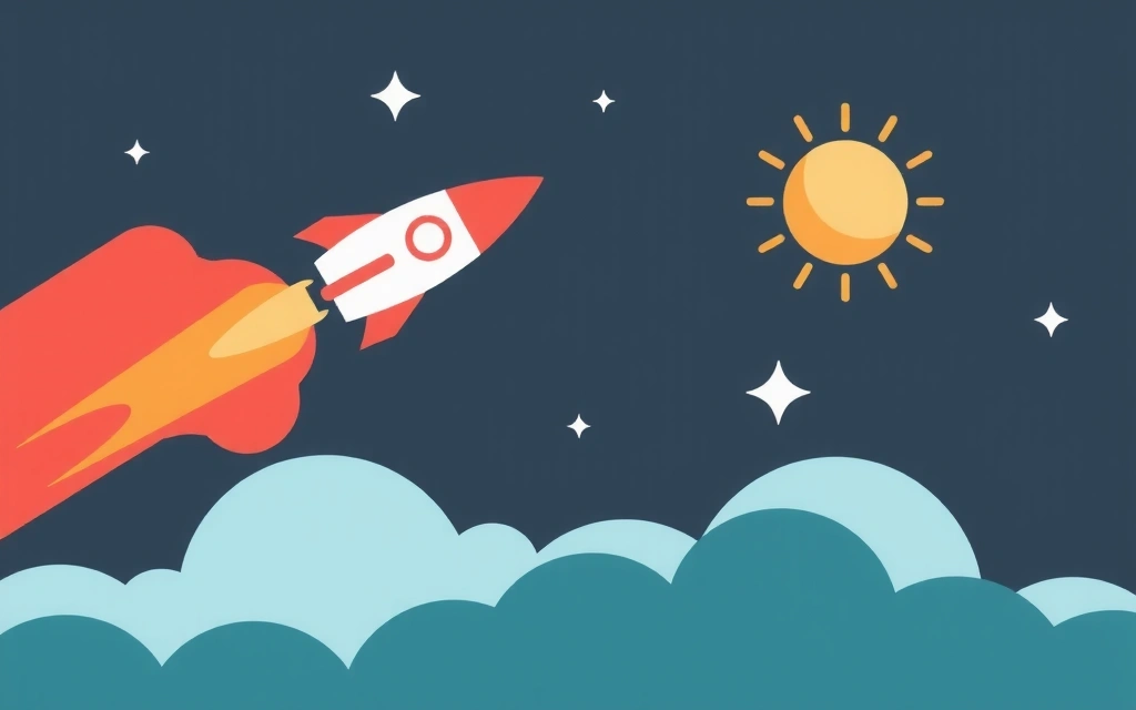 Rocket launching into space, symbolizing project launch and successful deployment with celebration.