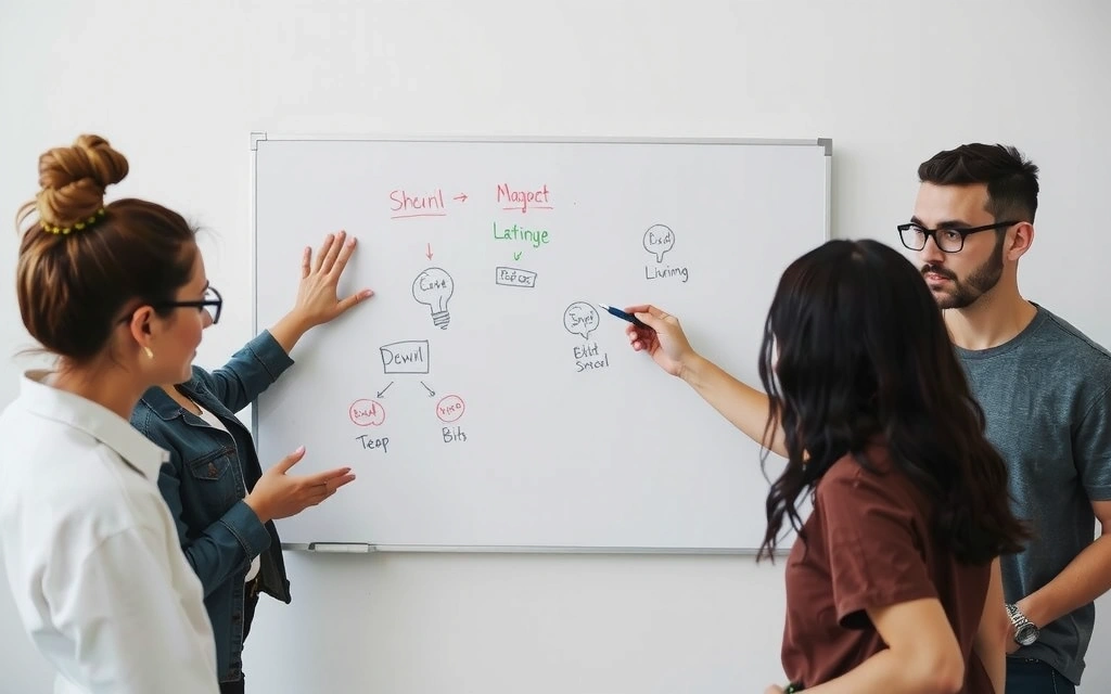 Team collaborating on a whiteboard, brainstorming ideas and strategizing for a new project.