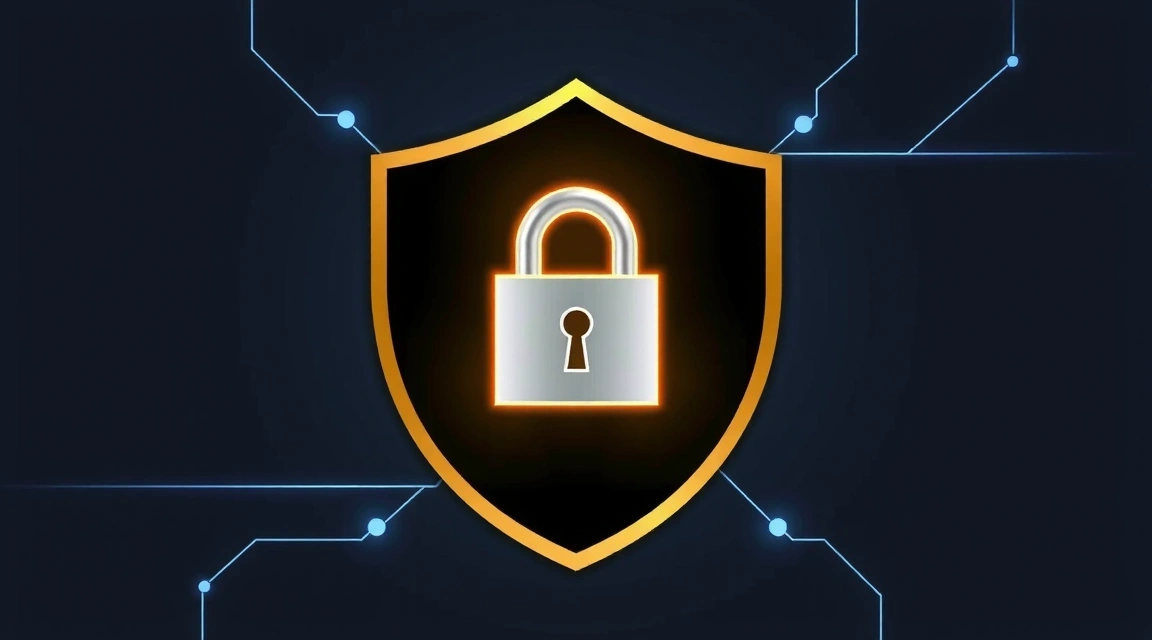 Shield icon with digital lock representing data security