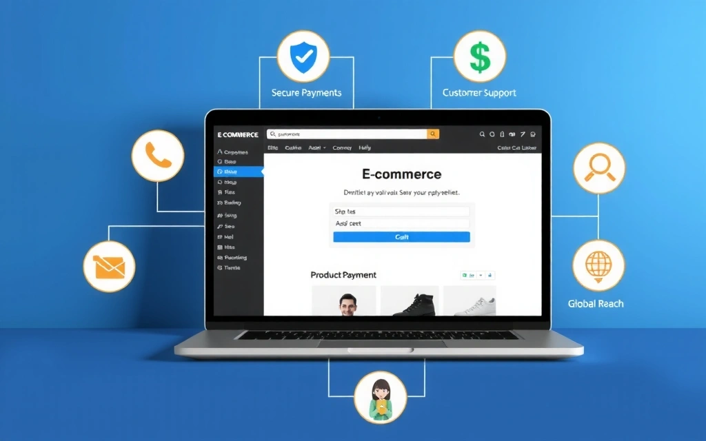 E-commerce website on a laptop with shopping cart and payment icons