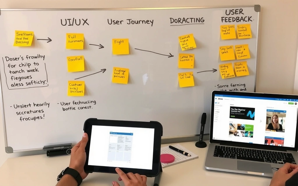 UI UX design process with wireframes, prototypes, and user testing on a whiteboard